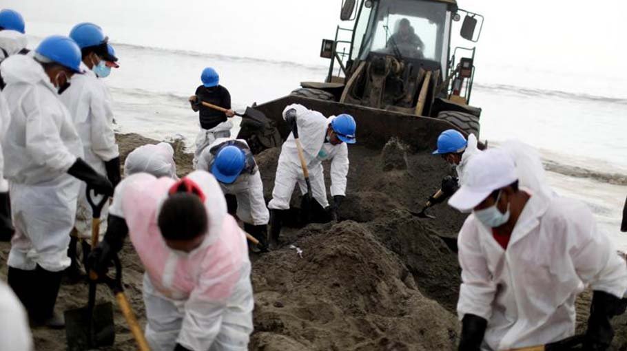 Oil spill triggered by Tsunami ruins coast of Peru
