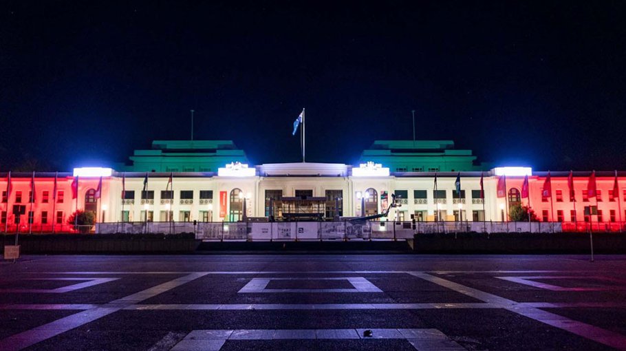 Iconic structures illuminated in Red and Green in Canberra