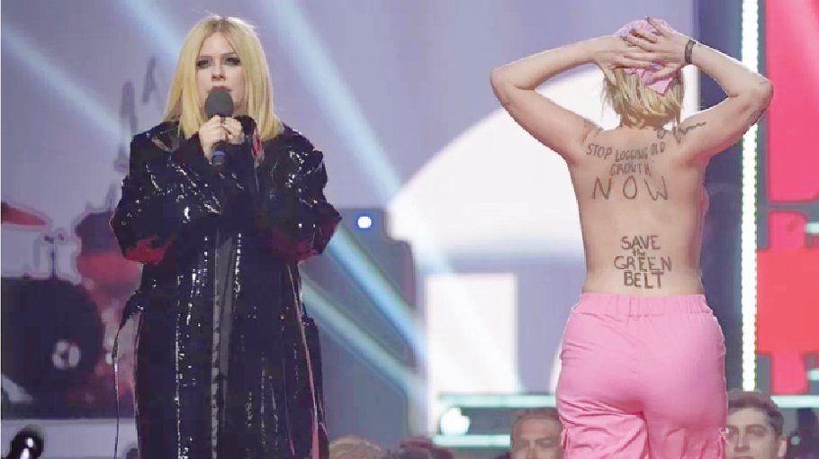  Avril Lavigne confronts topless green protester on stage