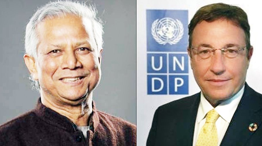 UNDP Administrator Achim Steiner greets Chief Adviser Dr Yunus