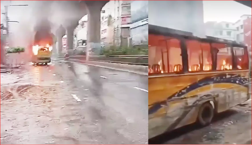 Passenger bus intercepted, fired at, set ablaze in city