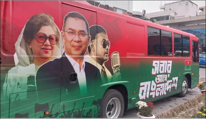 Red bus with ‘Bangladesh first’ slogan ready at Dhaka airport for Tarique