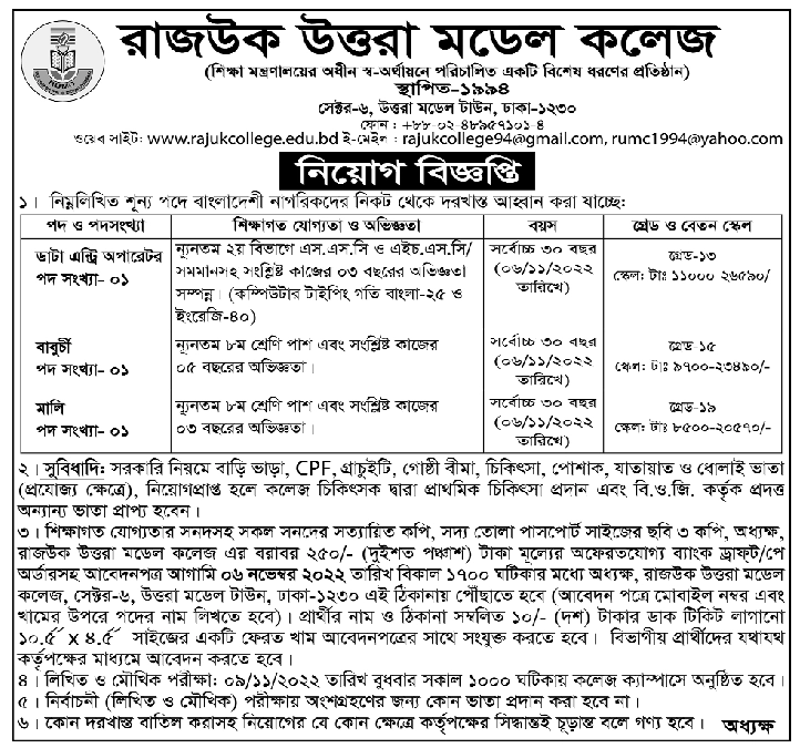 Rajuk Uttara Model College Job Circular 2022 Bangladesh Post